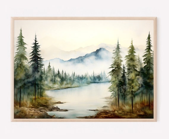 Misty Mountain Watercolor Painting Pine Tree Wall Art Panoramic Landscape Mountain Lake Print Teal Forest Art Print Blue Green Wall Decor