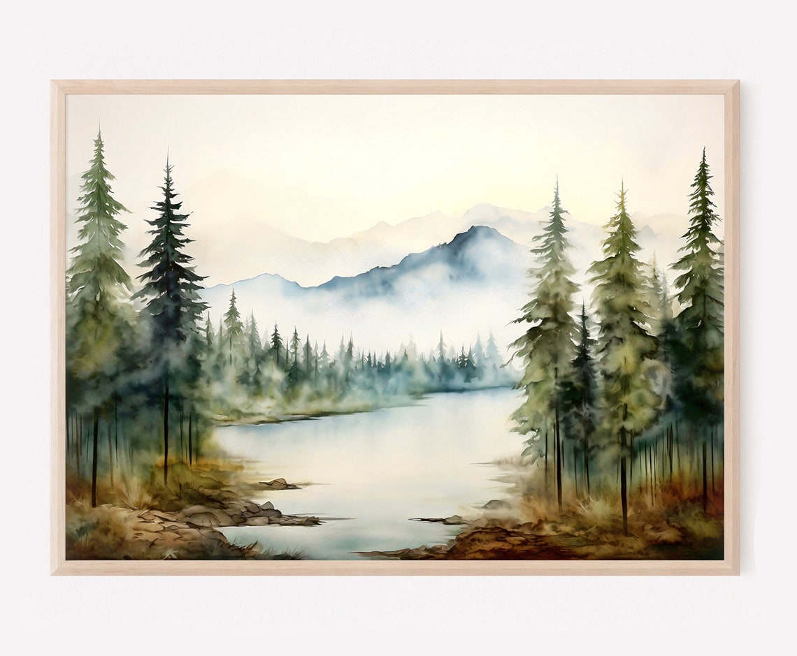 Misty Mountain Lake Tall Pine Forest Watercolor Scenery Poster