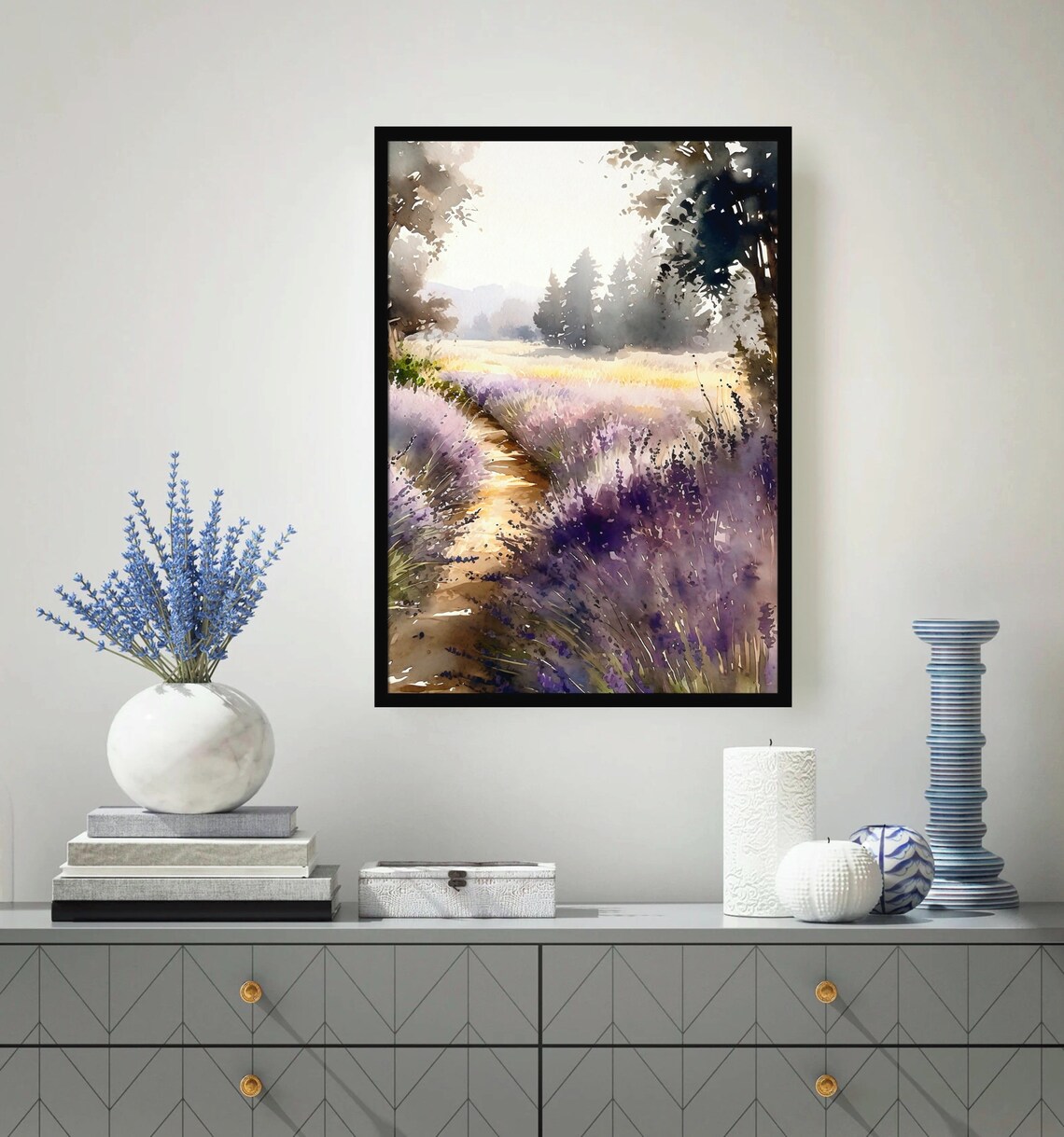 Lavender Path Sunrise Countryside Watercolor Nature Art Poster - Image 4