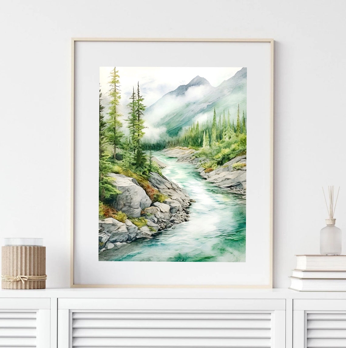 Turquoise Mountain River Pine Forest Rocky Banks Watercolor Poster - Image 2