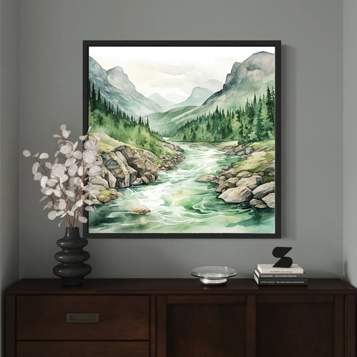 Green River Valley Misty Mountains Evergreen Watercolor Poster - Image 2