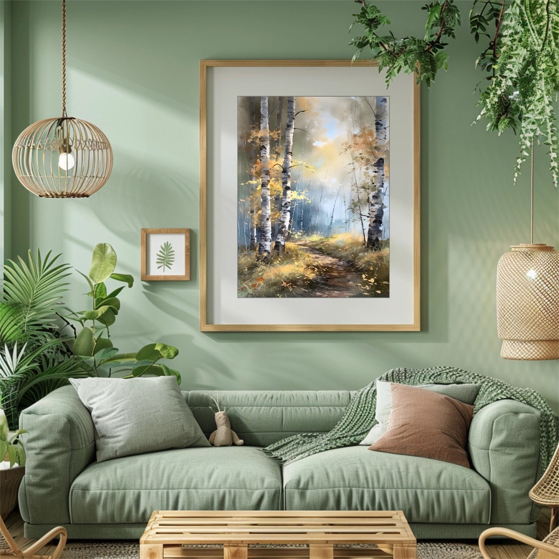 Golden Autumn Birch Woods Sunlit Forest Path Watercolor Poster - Image 2