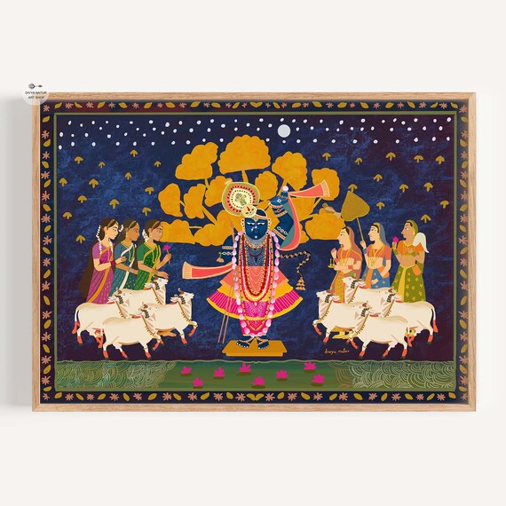 Pichwai Krishna Gopis Art Print, Hindu Night Scene