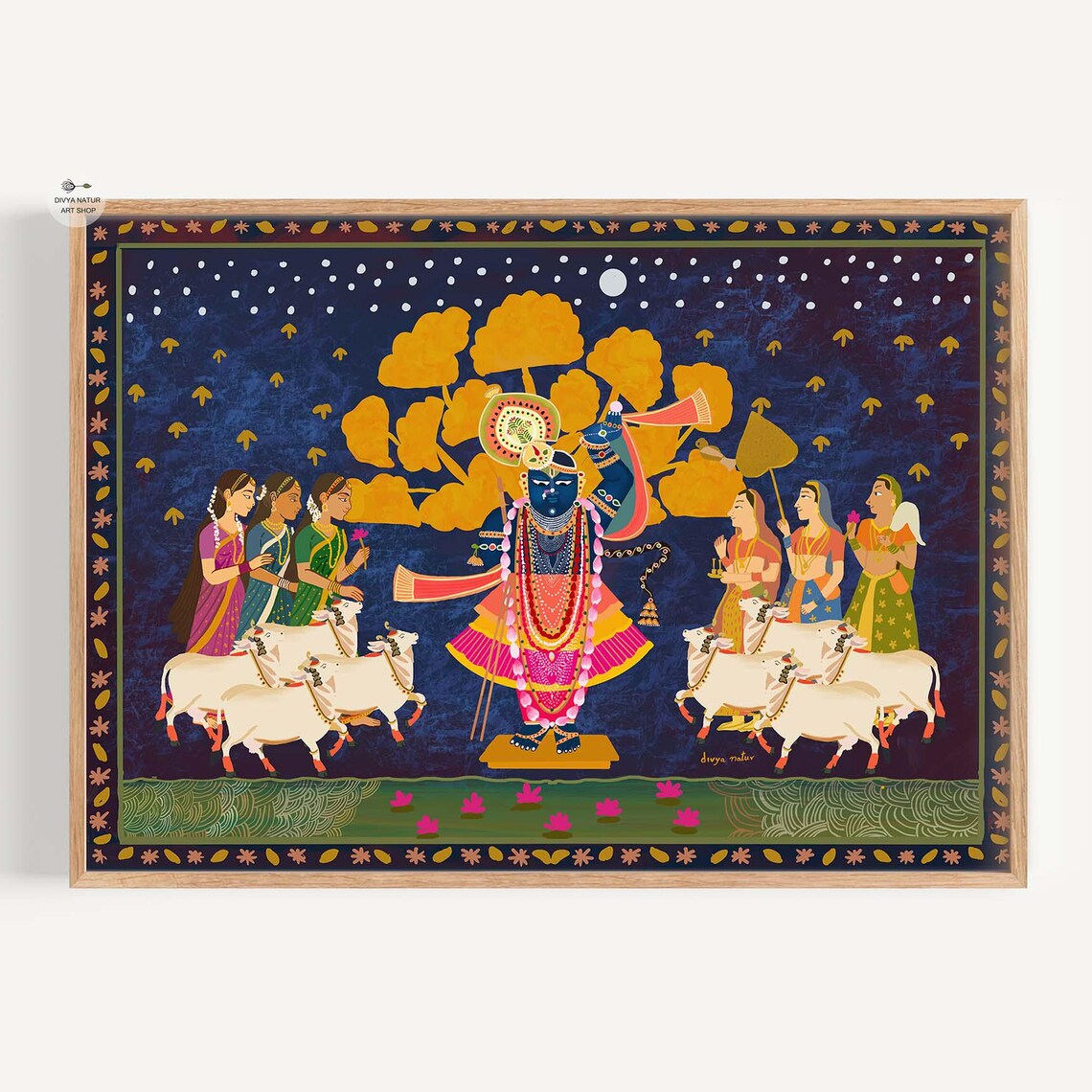 Pichwai Krishna Gopis Art Print, Hindu Night Scene