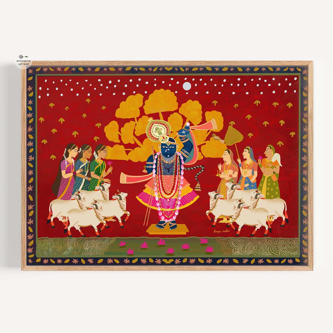 Pichwai Krishna With Cows And Gopis Red Traditional Folk Art Poster
