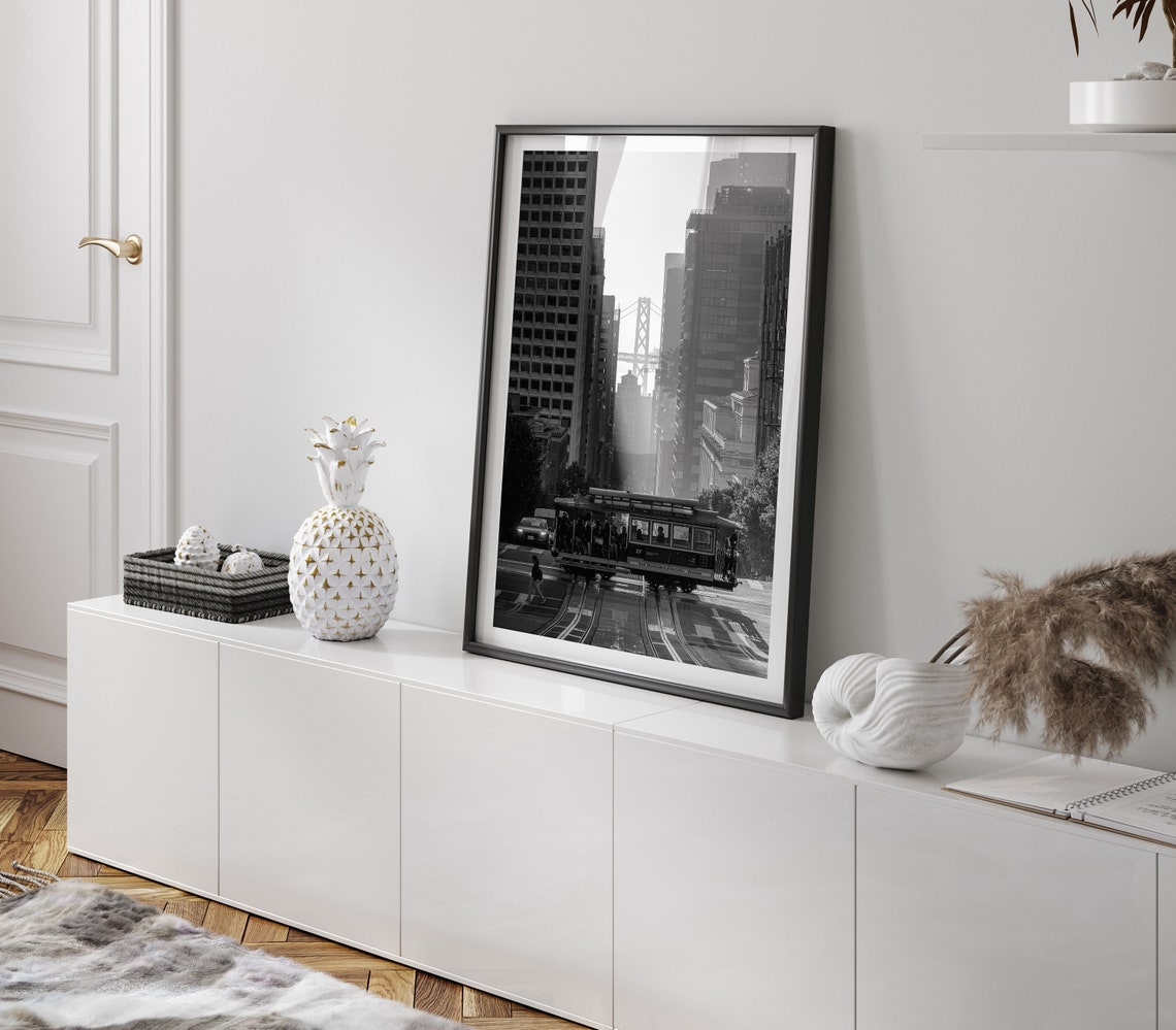 San Francisco Cable Car Black And White Bay Bridge City Poster - Image 2