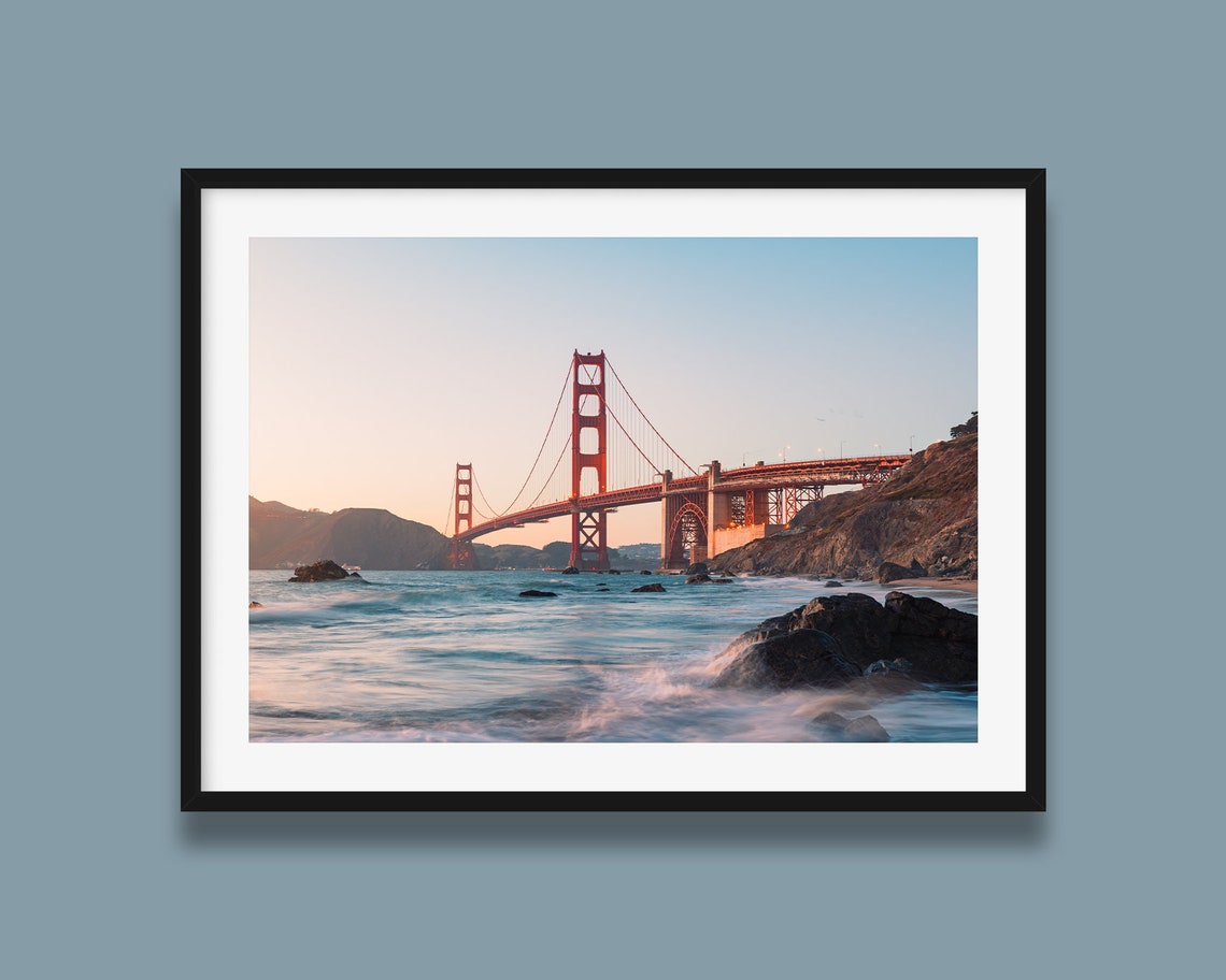 Golden Gate Bridge Sunset Waves Rocky Shore San Francisco Poster
