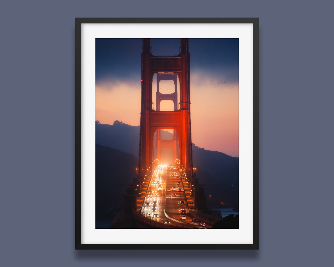 Golden Gate Bridge Twilight Deck Traffic Lights San Francisco Poster