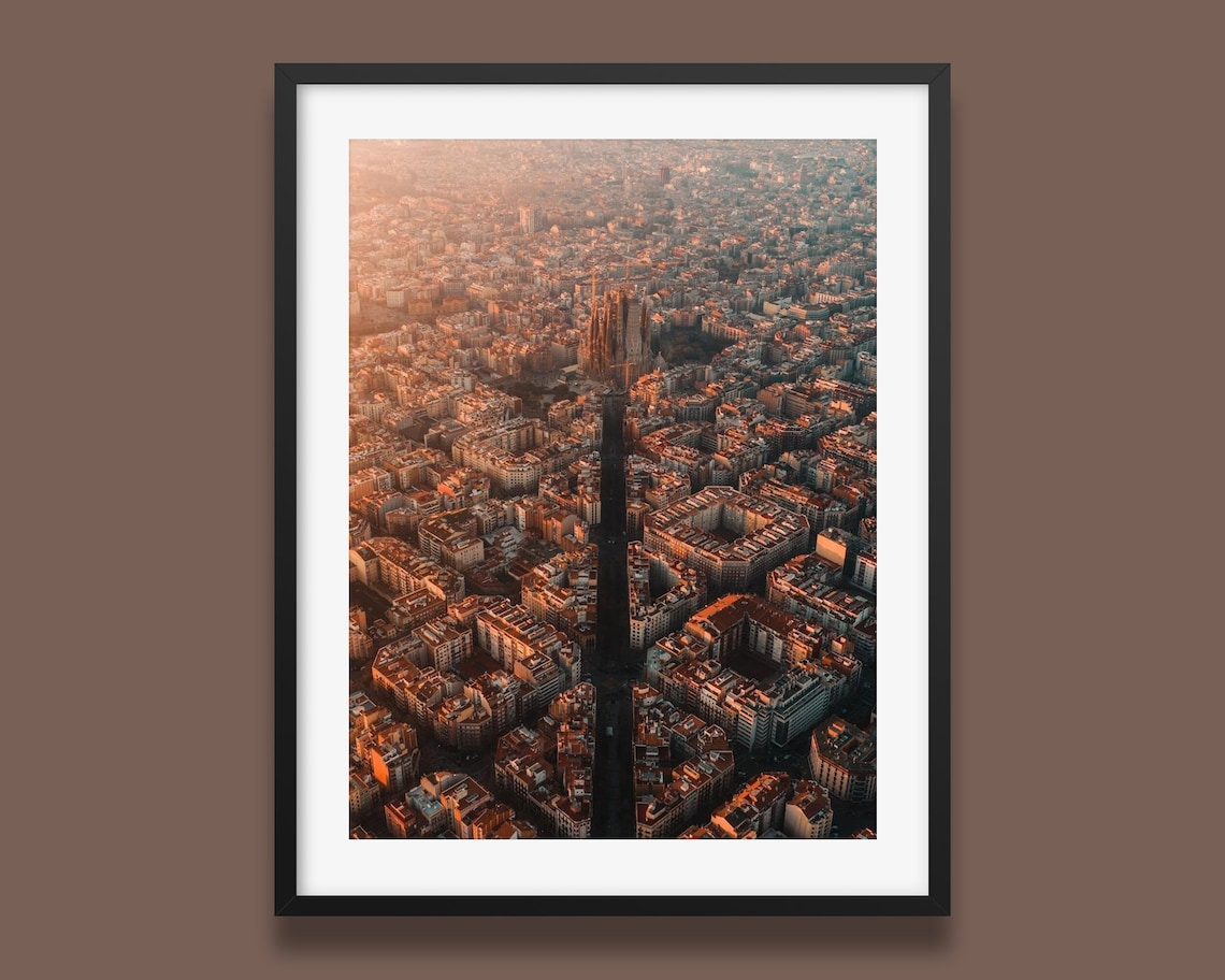Barcelona Aerial Wall Art, City Sunrise Travel Poster
