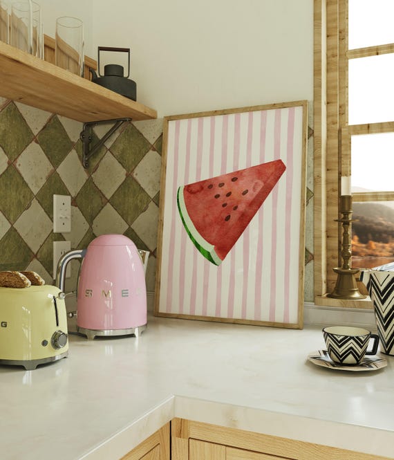 Watermelon Poster Print Summer Fruit Gift For Lovers Retro Kitchen Food Red Pink Stripes