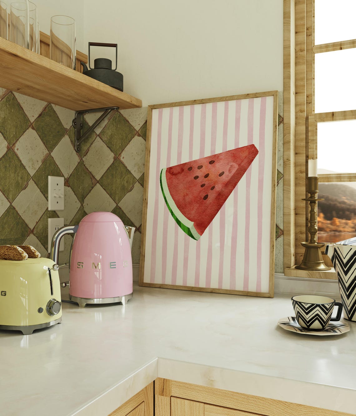 Watermelon Slice Watercolor Pink Striped Summer Kitchen Art Poster