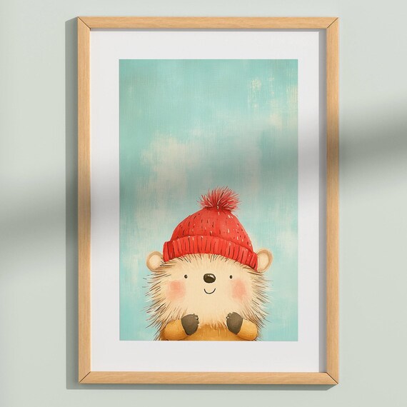 Charming Hedgehog Art Print Cute Watercolor Poster For Childs Bedroom Nursery Decor Cute Baby Fawn Hat Poster Minimalist Art
