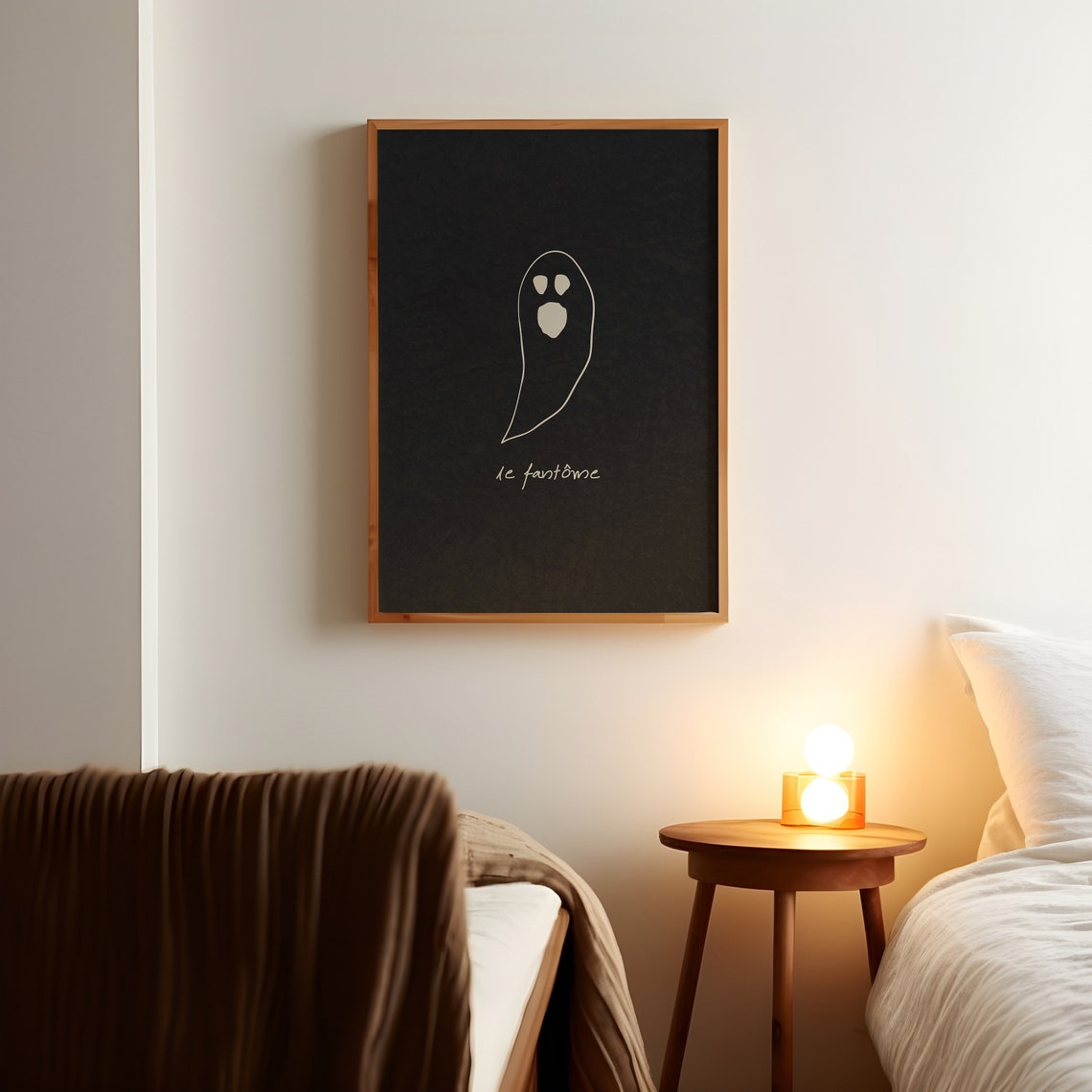 Le Fantome Minimalist White Ghost Outline Black Halloween Poster - Image 2