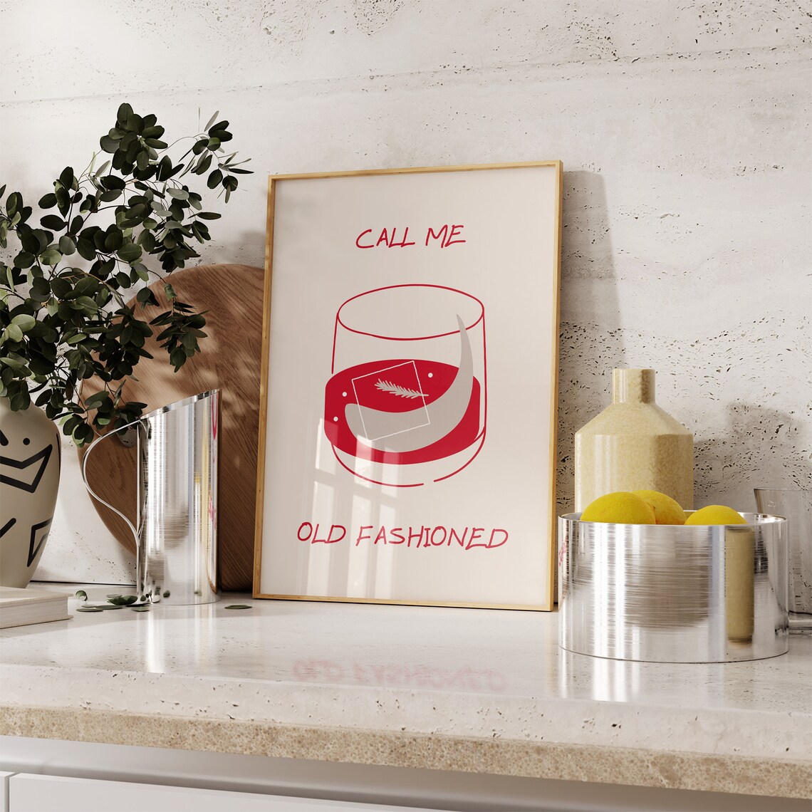 Call Me Old Fashioned Red Cocktail Bar Cart Line Art Decor Poster - Image 3