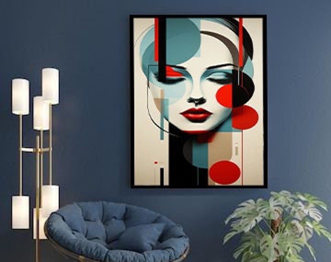 Geometric Art Deco Woman Face Red Teal Circles Modern Art Poster