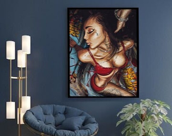 Tattooed Woman in Red Bikini Graffiti Style Bold Portrait Poster