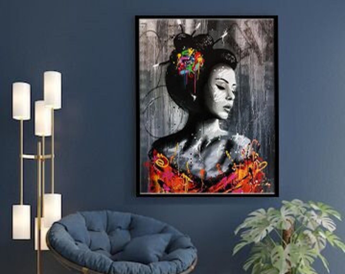 Geisha Portrait with Colorful Paint Splash Modern Japanese Poster