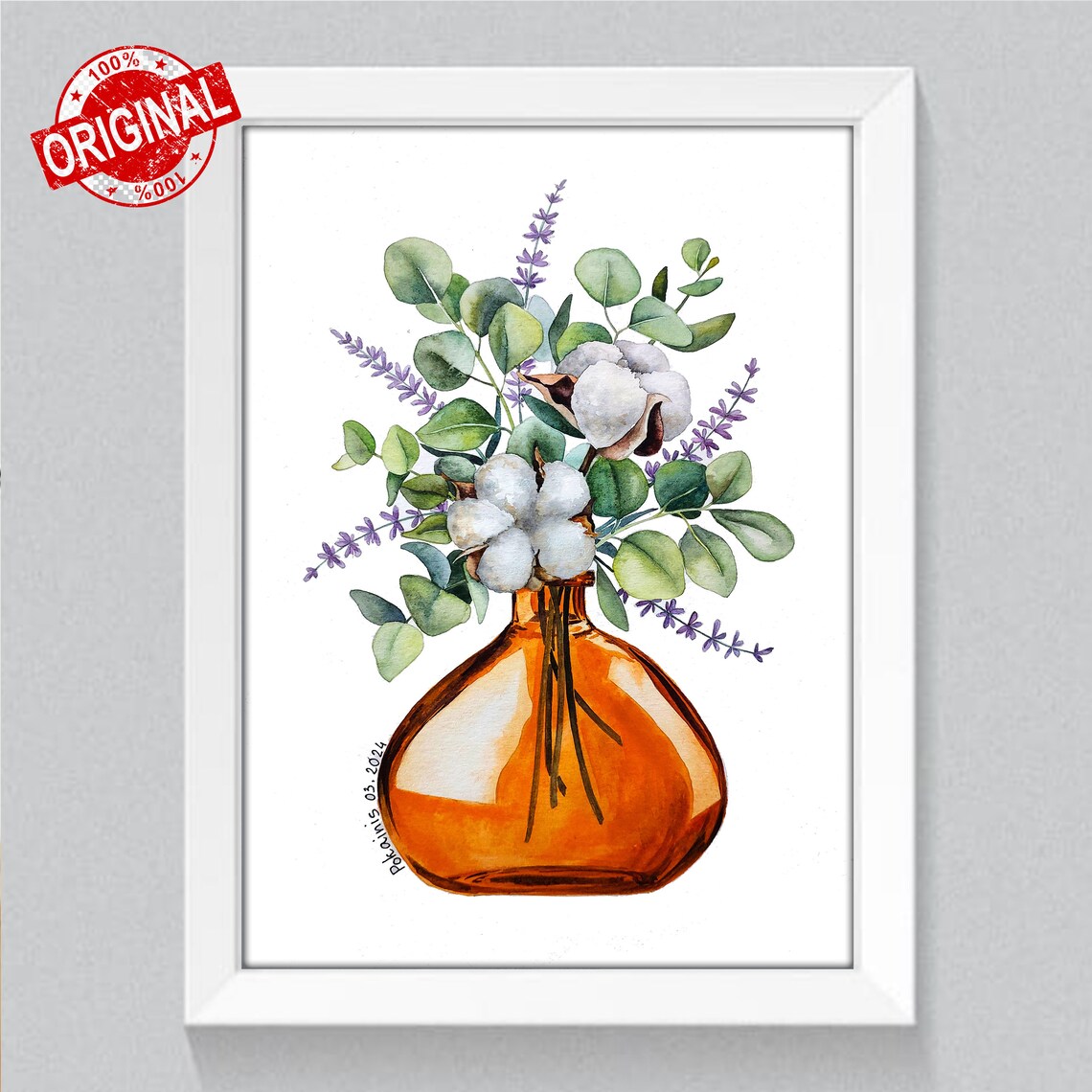 Cotton Eucalyptus Lavender Bouquet in Amber Vase Watercolor Poster - Image 2