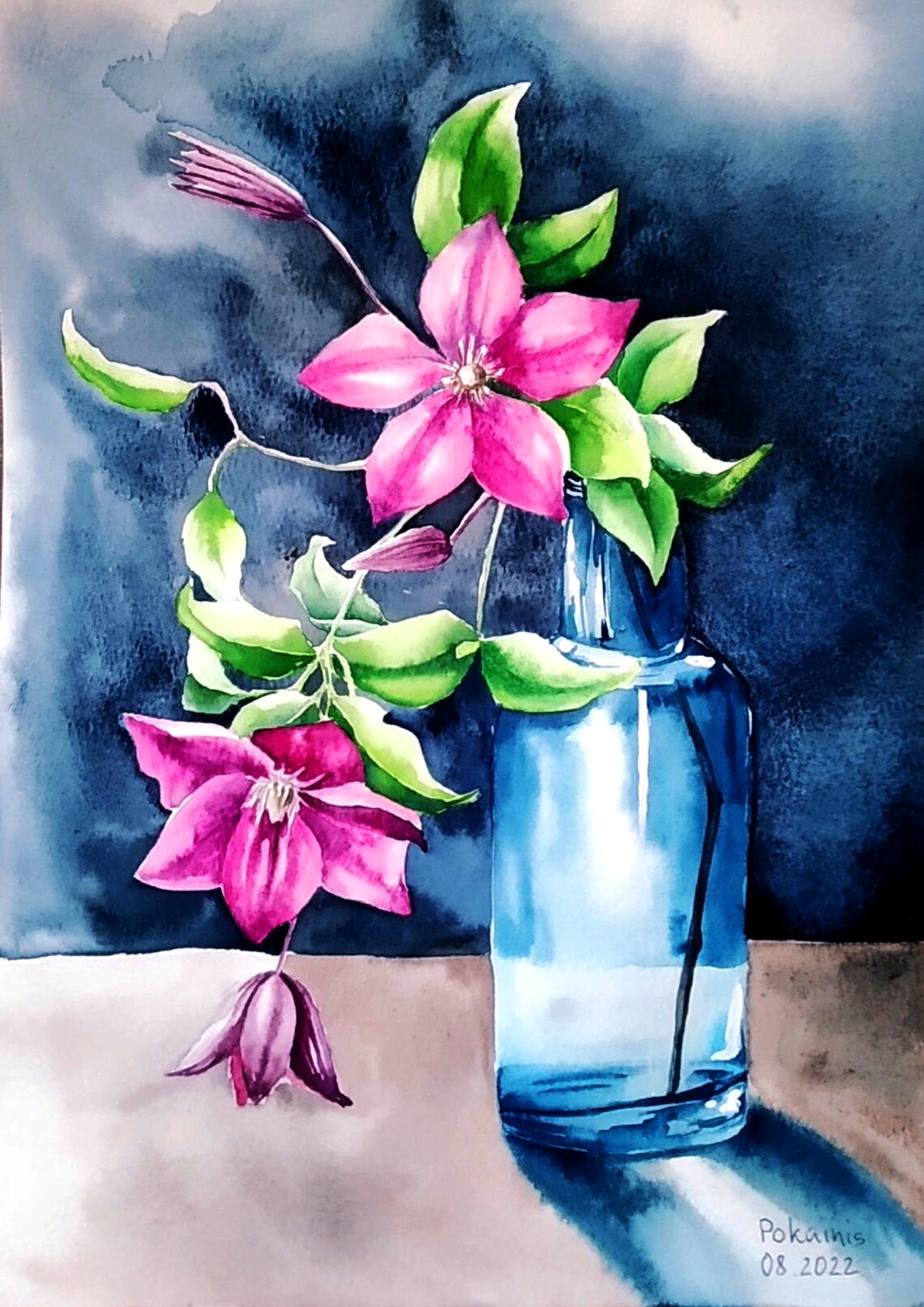 Pink Clematis Flowers in a Blue Glass Bottle Watercolor Art Poster
