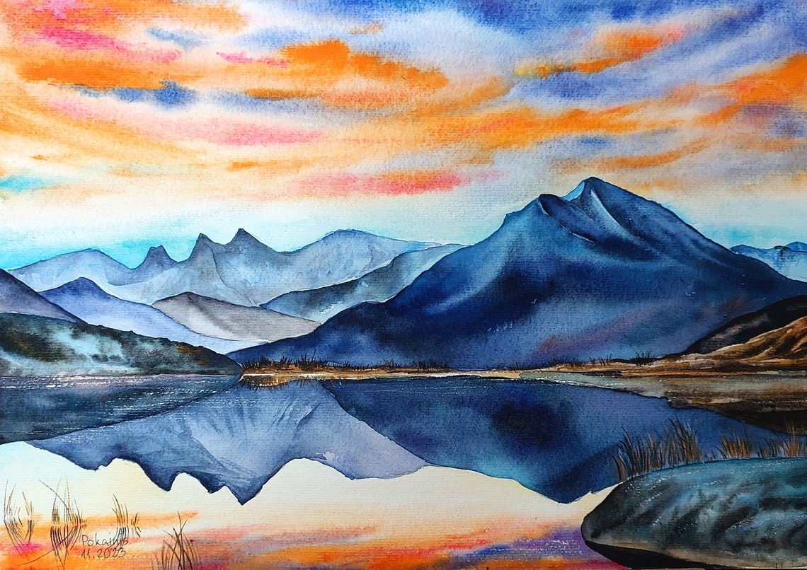 Blue Mountains Reflected in a Lake at Sunset Watercolor Poster - Image 2