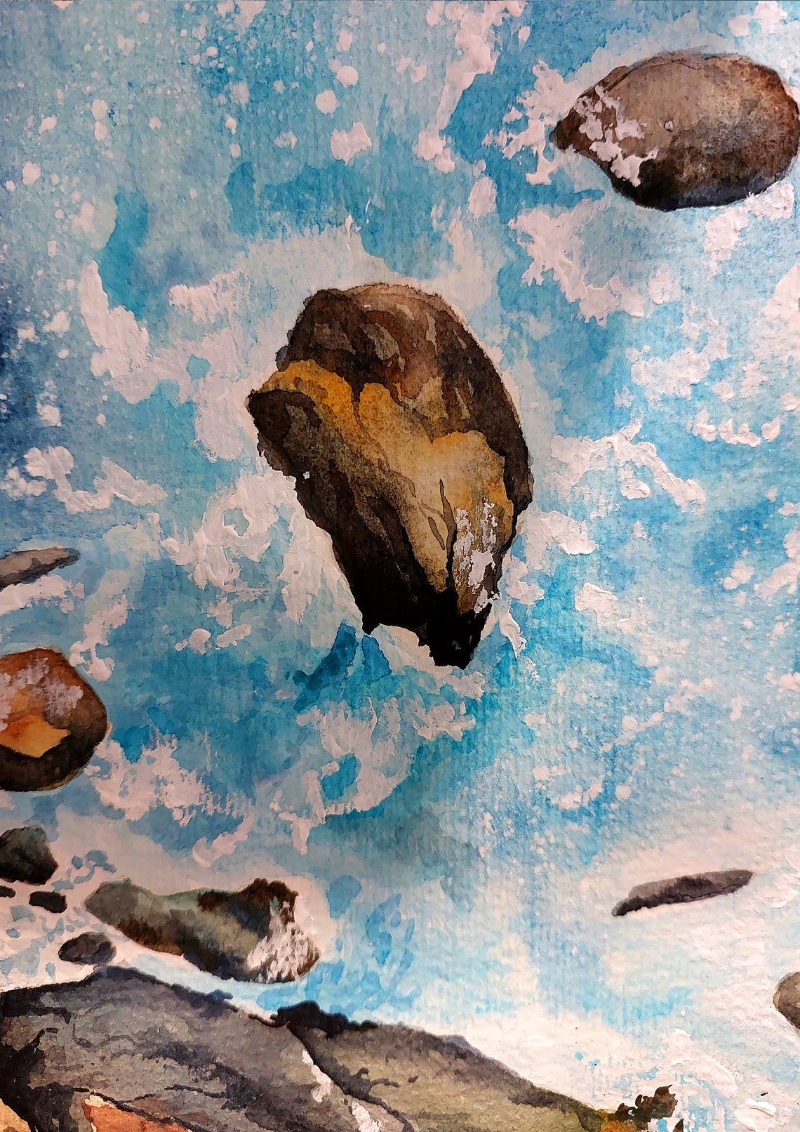 Turquoise Ocean Waves Crashing Over Rocky Shore Watercolor Poster - Image 2