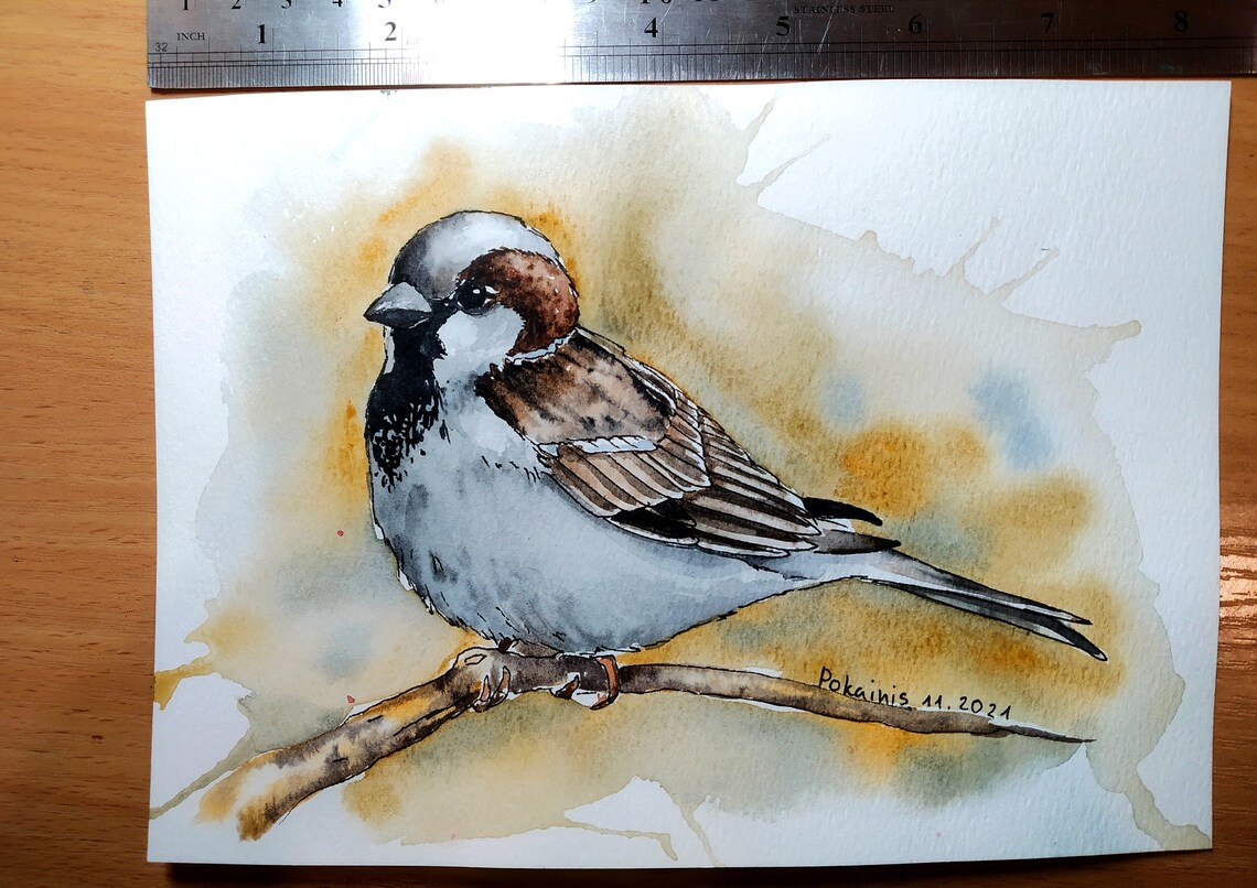Male House Sparrow on Branch Golden Background Watercolor Poster - Image 4