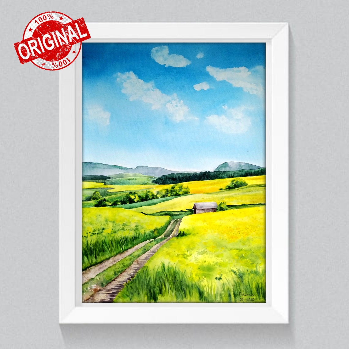 Green Meadow Dirt Path to a Cabin Watercolor Country Scene Poster - Image 2