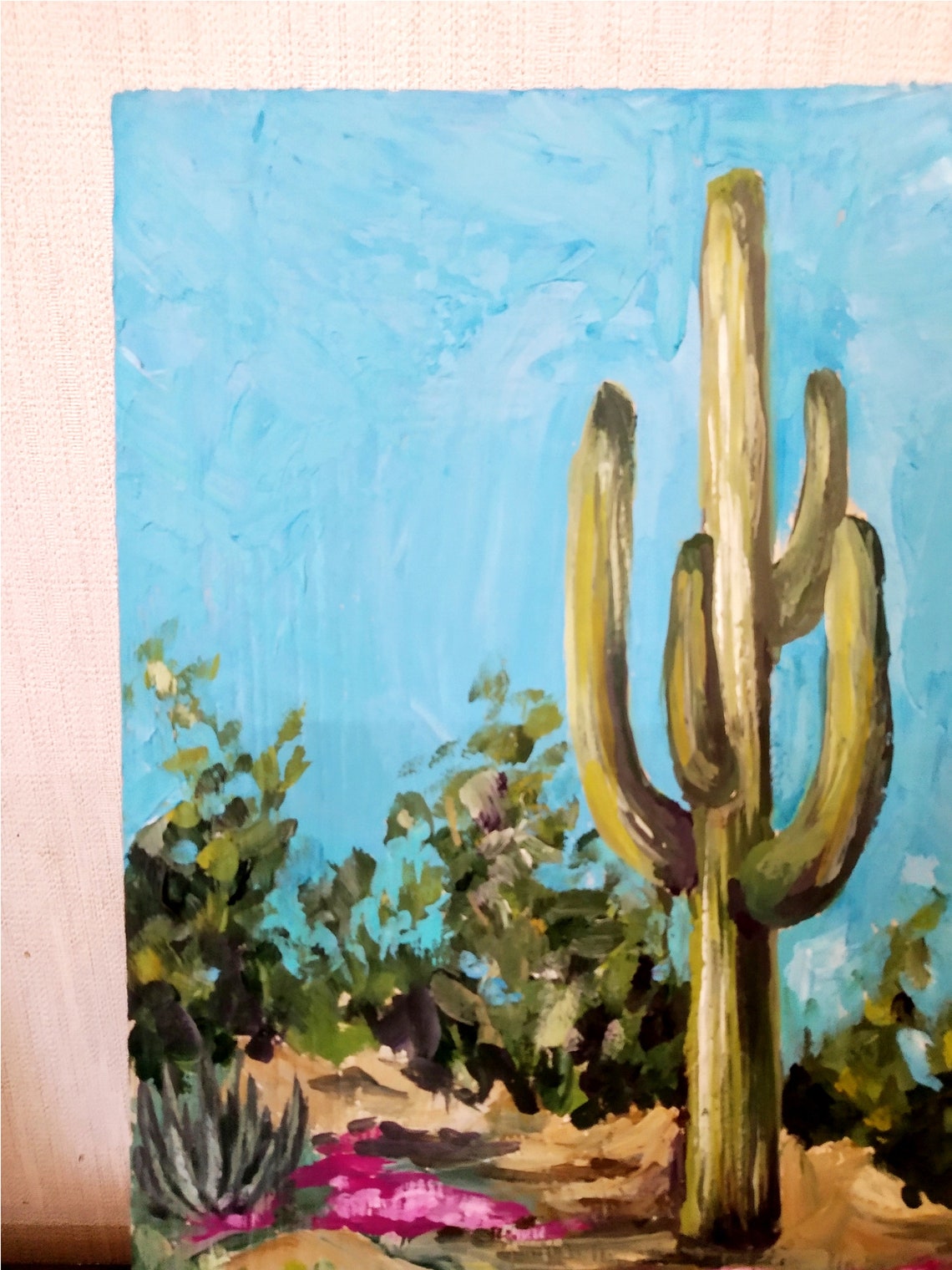 Saguaro Cactus in Blooming Desert Original Oil Landscape Poster - Image 3