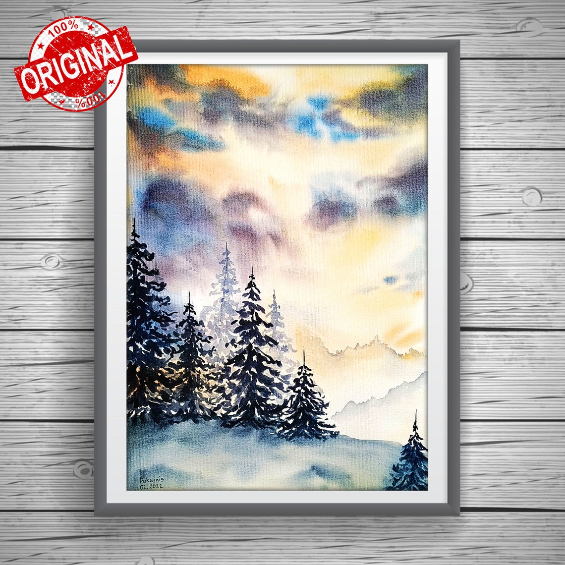 Original Landscape Watercolor Painting Winter Mountain Wall Art Forest Painting Sunset Watercolor Cloud Painting Sunrise Wall Art - Image 5