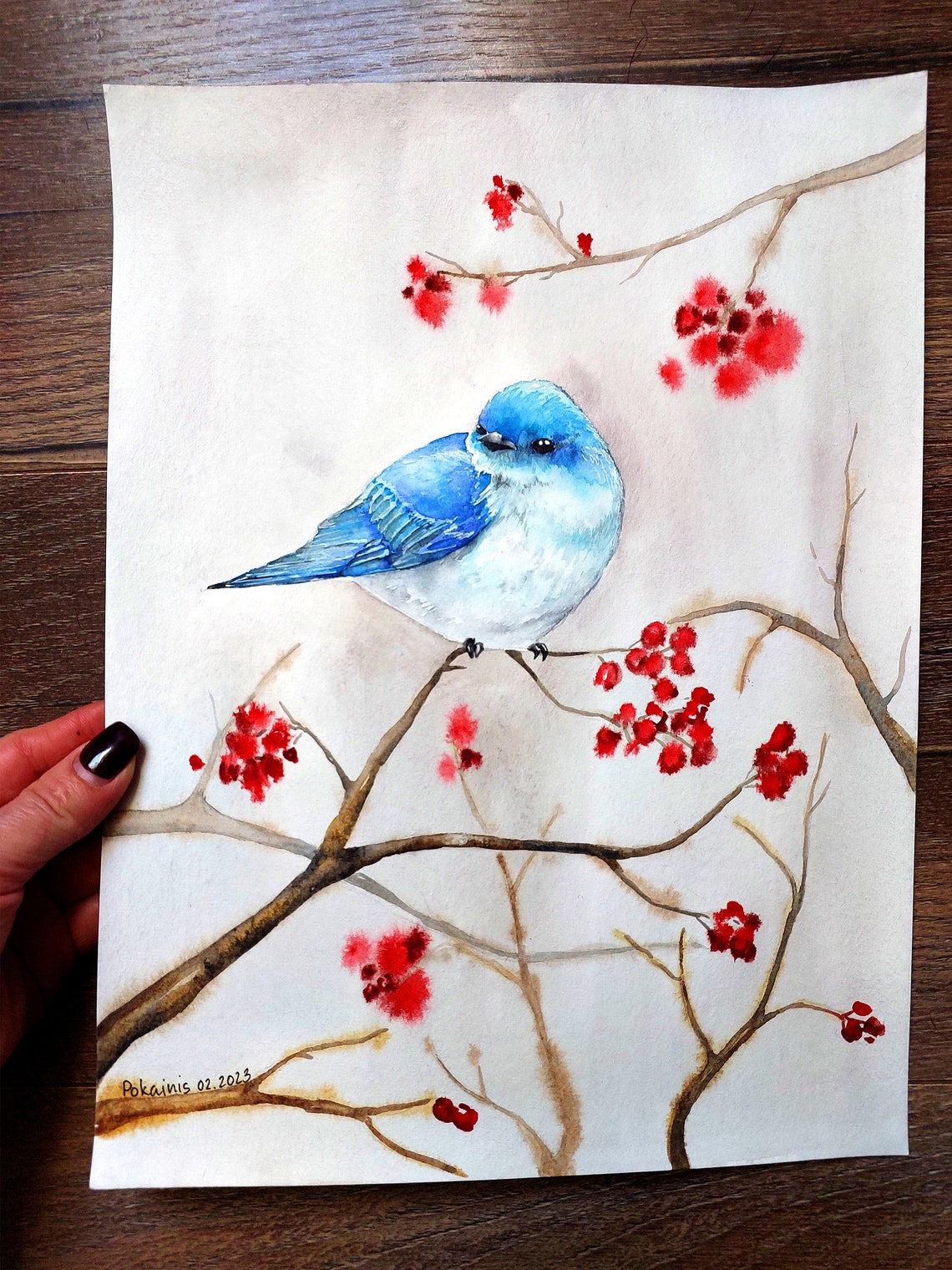 Bluebird Perched on Berry Branch Winter Watercolor Bird Poster - Image 3