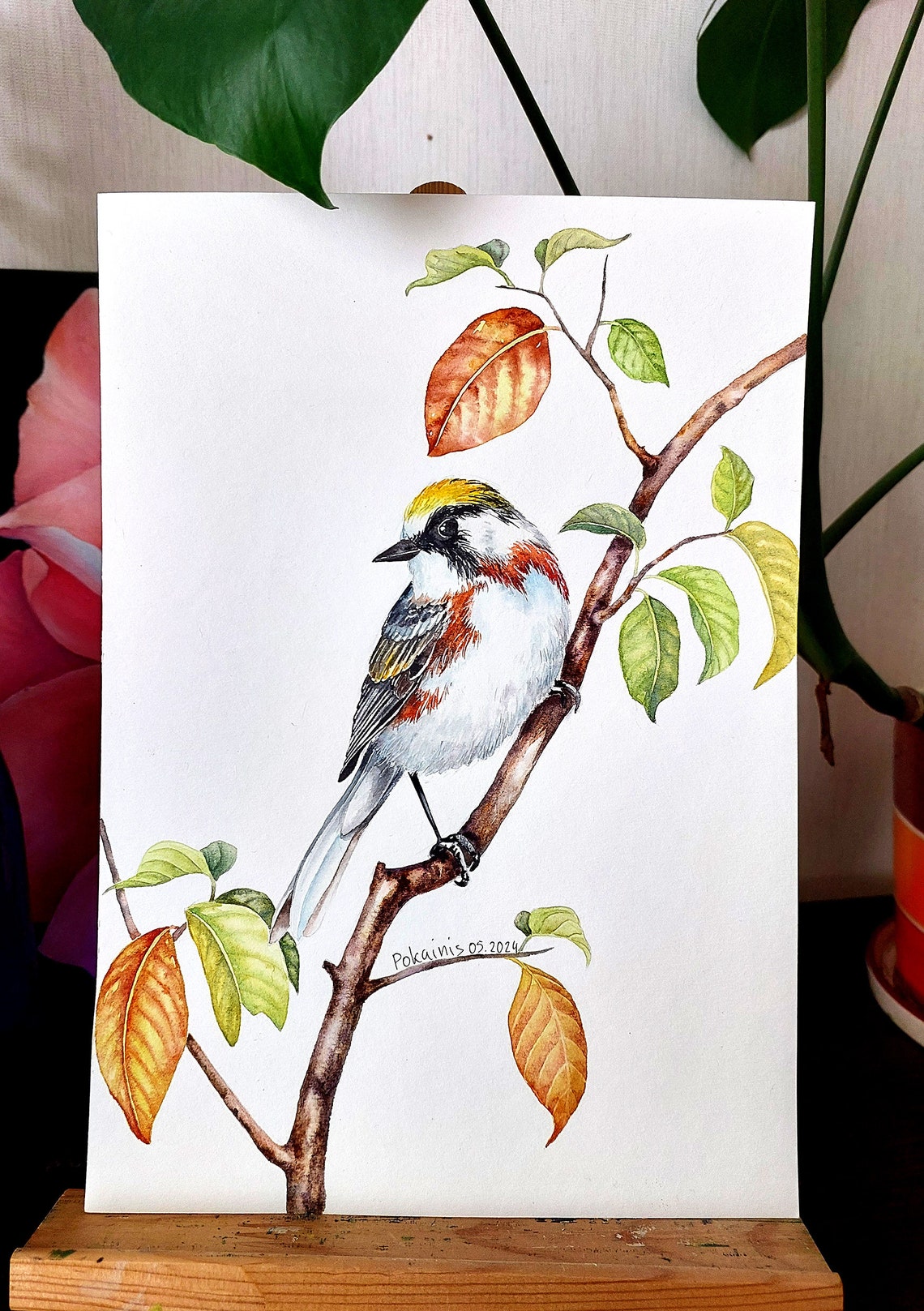 Yellow Crowned Songbird Watercolor Poster Perched On Autumn Branch - Image 2