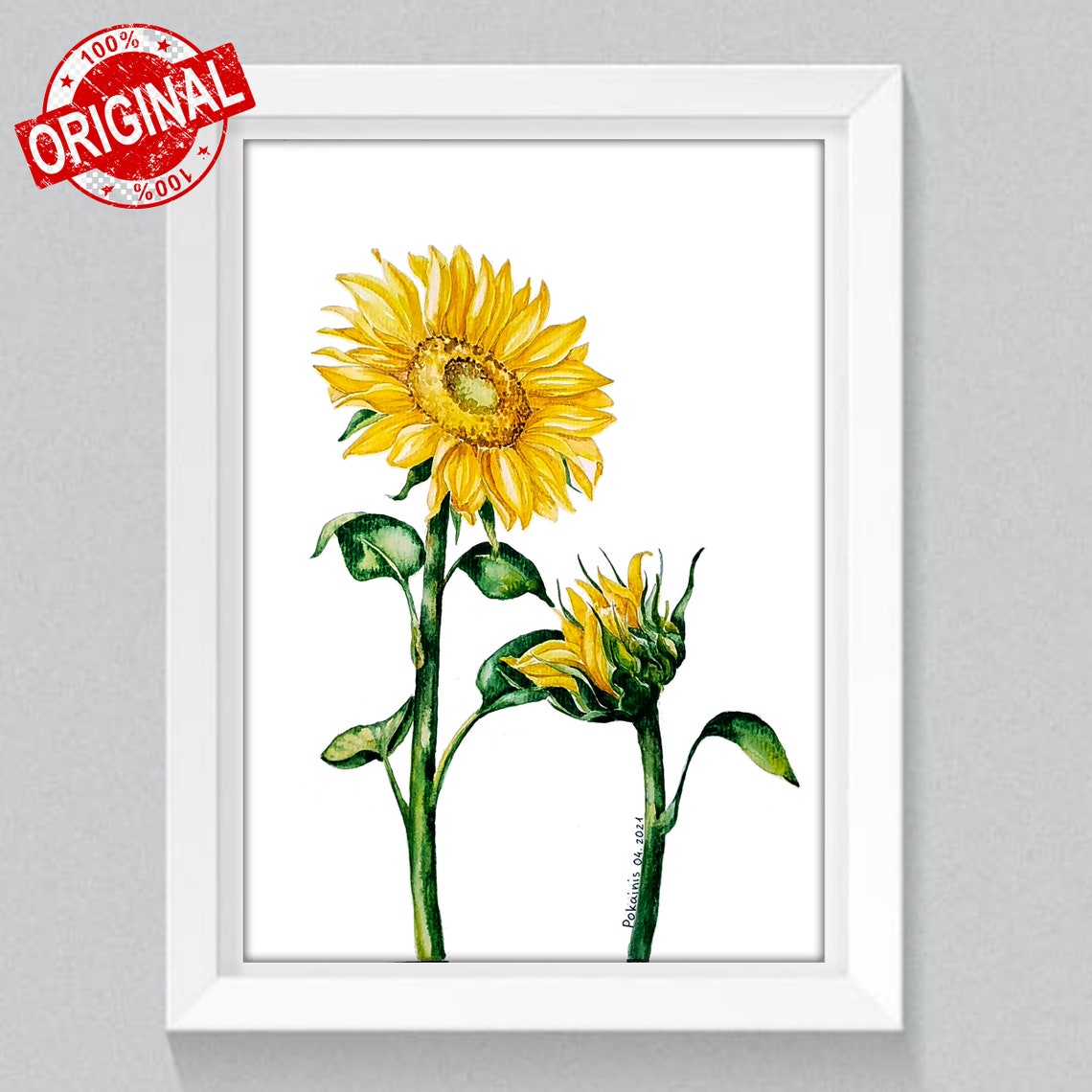 Two Sunflowers Watercolor Open Bloom and Bud Summer Floral Poster - Image 3