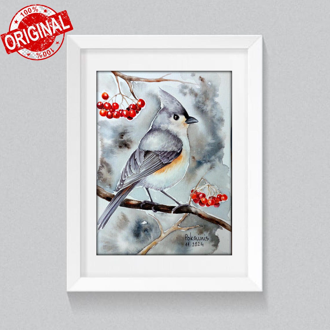 Tufted Titmouse on Berry Branch Watercolor Songbird Art Poster - Image 4