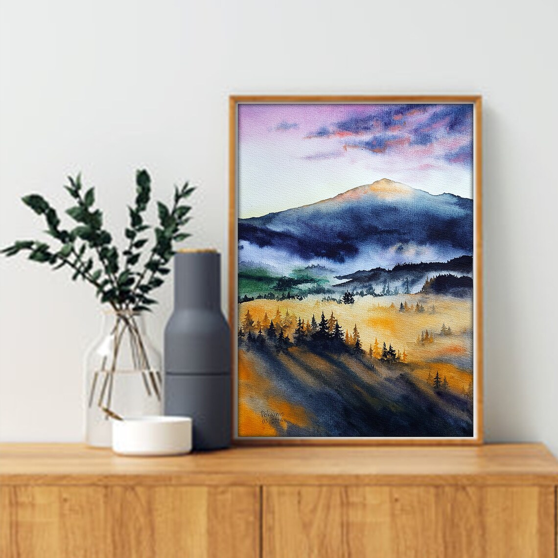 Misty Forest Sunset Mountain Landscape Art Print - Image 2