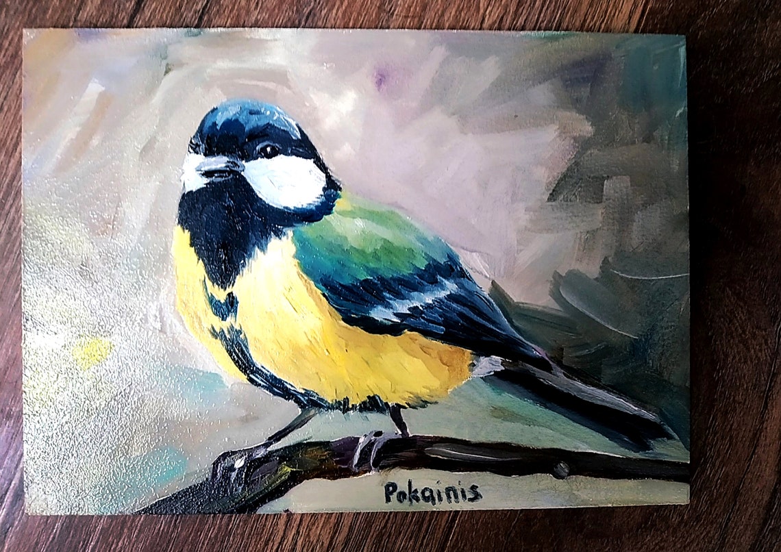 Great Tit Songbird Perched on Branch Original Oil Bird Poster - Image 3