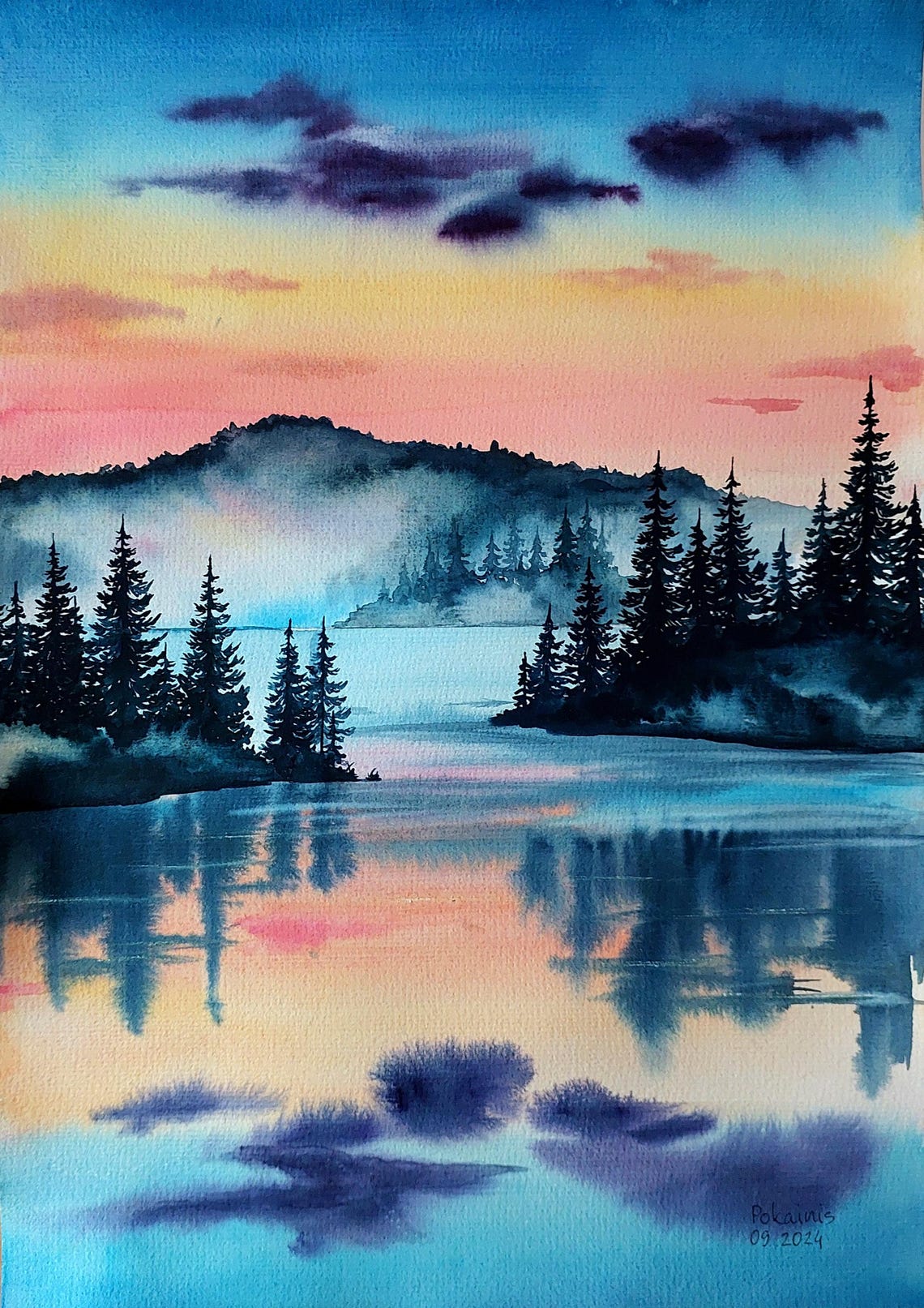 Misty Mountain Lake Sunset Pine Forest Reflection Watercolor Poster