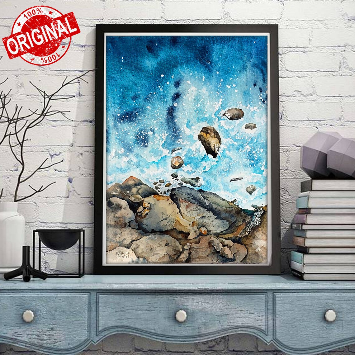 Turquoise Ocean Waves Crashing Over Rocky Shore Watercolor Poster - Image 4