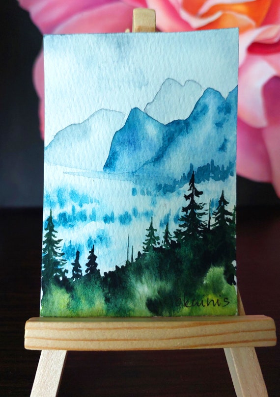 Aceo Watercolor Painting Original Artwork Misty Mountains Painting Forest Painting 2 53 5 Inches Small Painting Landscape Painting