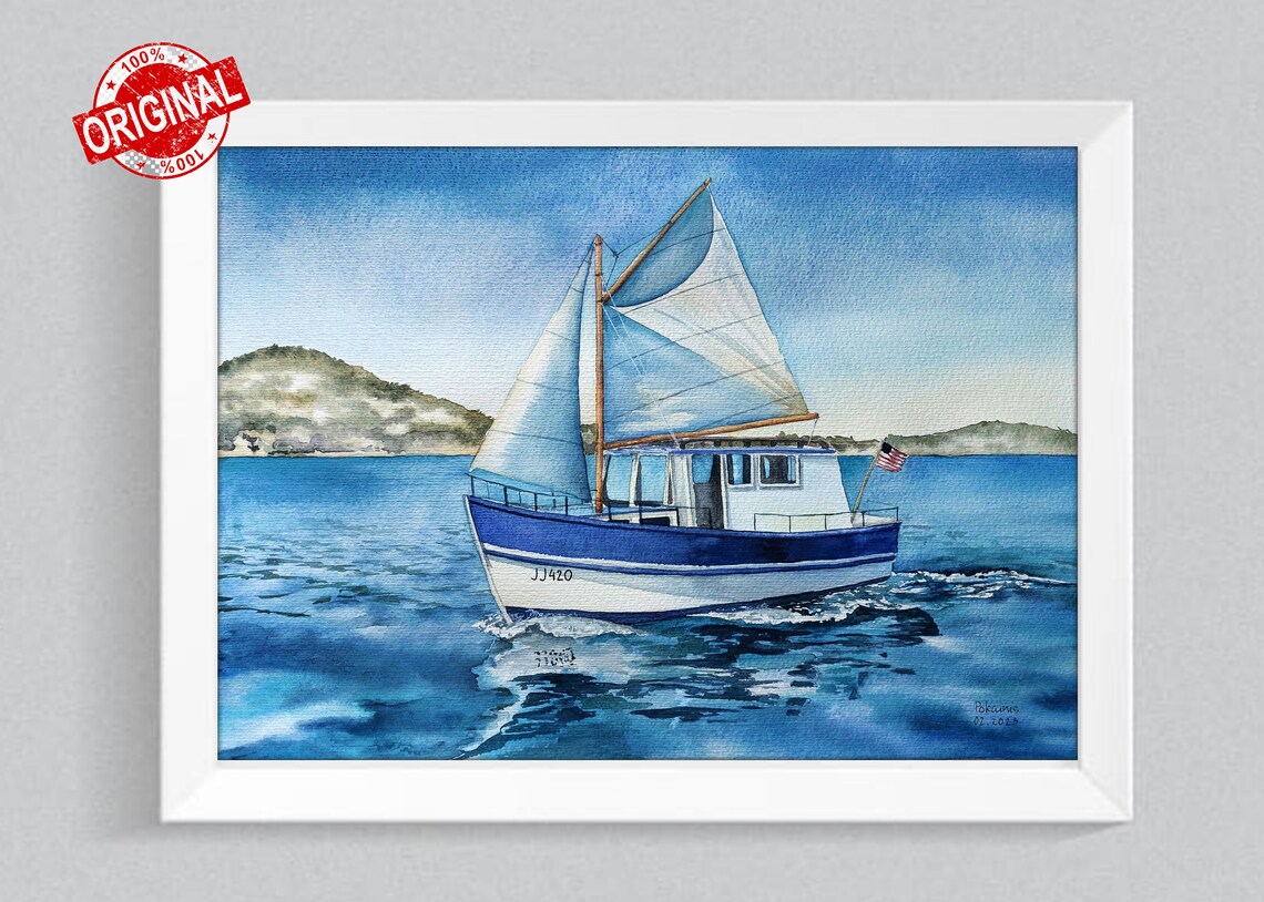 Sailboat JJ420 Under Sail on Bright Blue Sea Watercolor Poster - Image 4