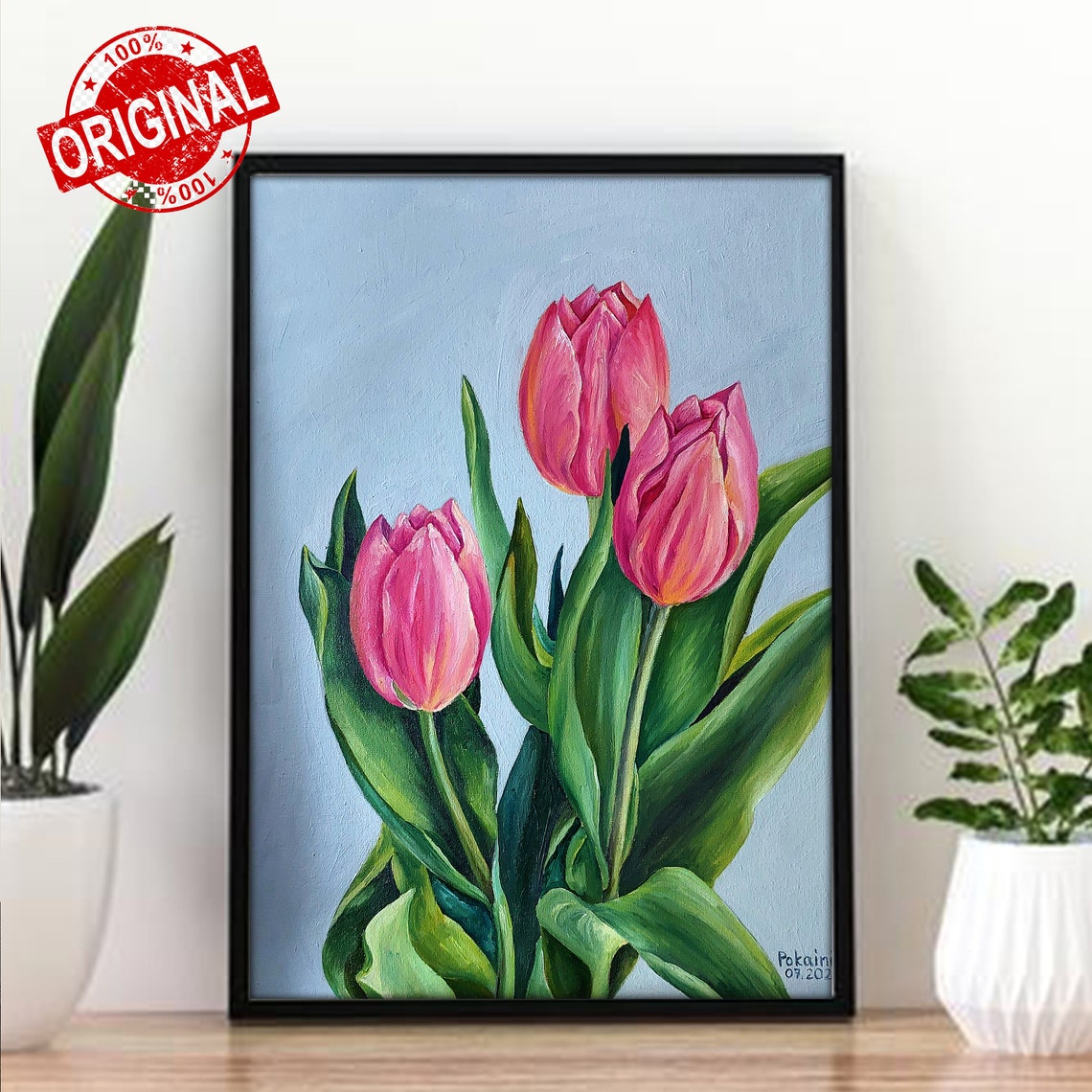Pink Tulips Trio Oil Painting Spring Flower Botanical Poster - Image 3