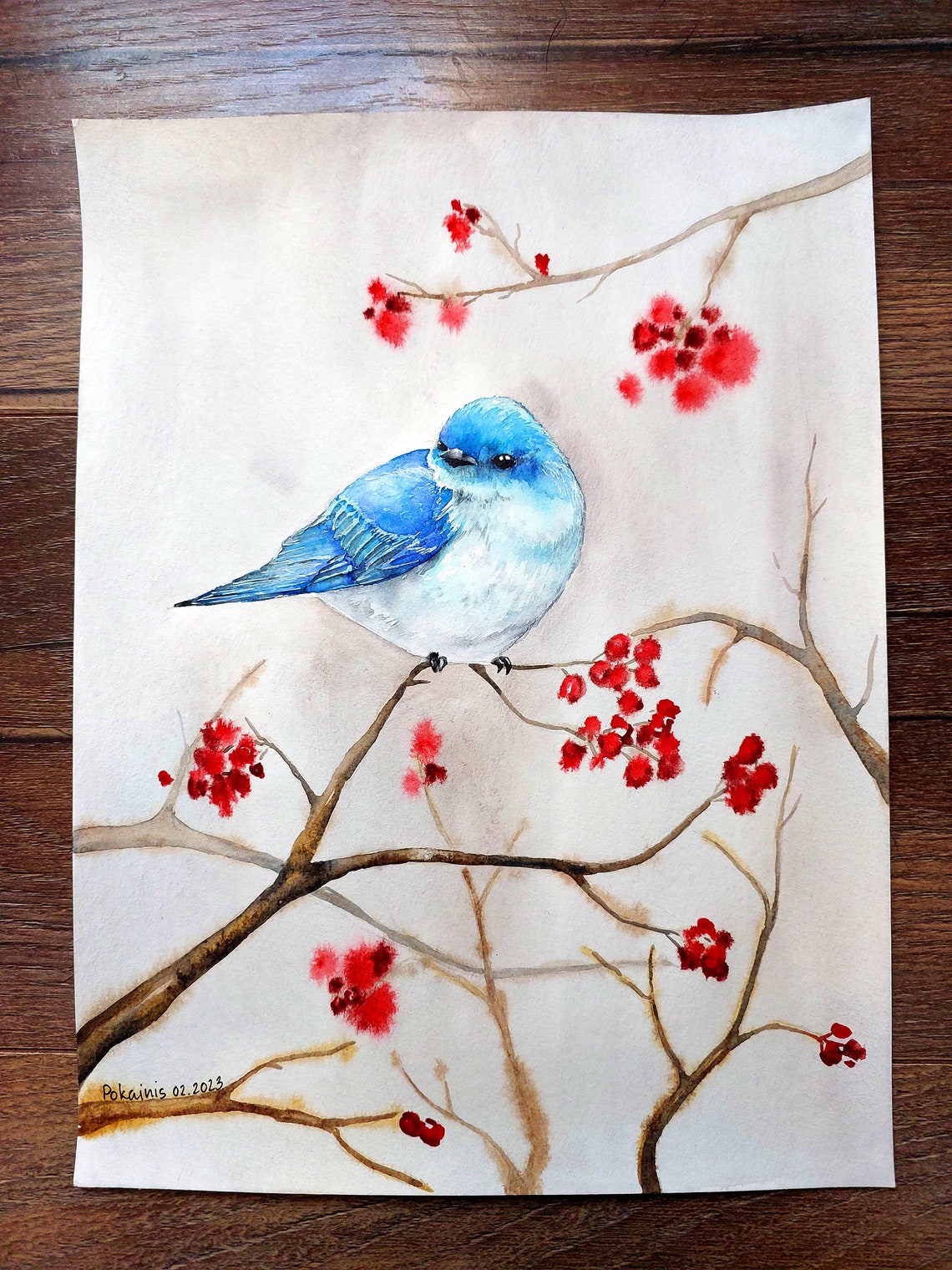 Bluebird Perched on Berry Branch Winter Watercolor Bird Poster - Image 4