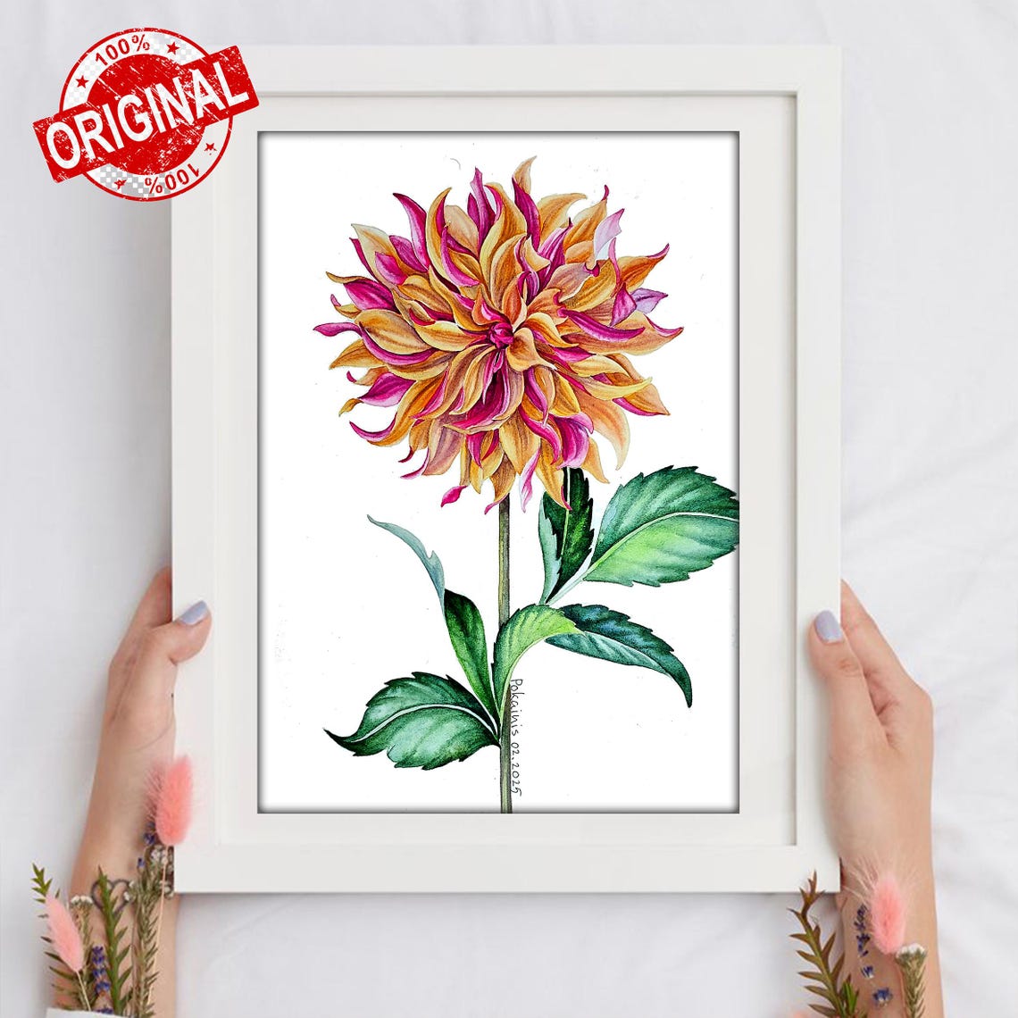 Single Dahlia Watercolor Amber Pink Floral Botanical Art Poster - Image 3