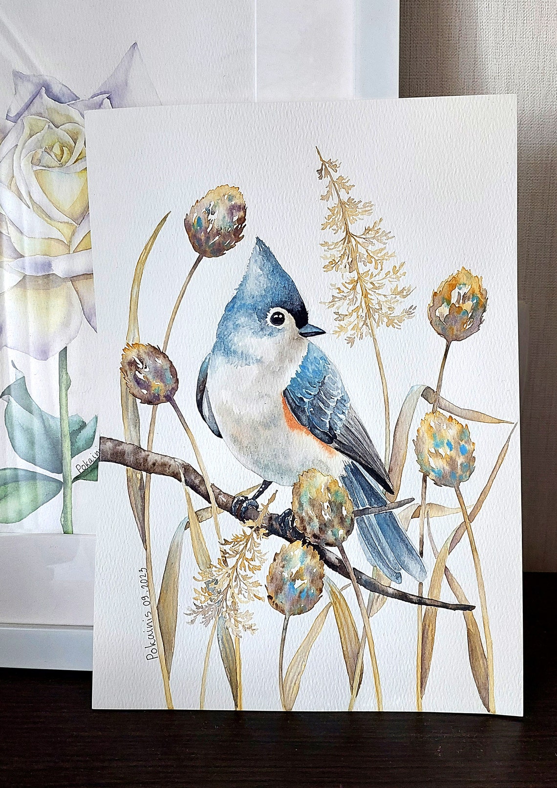 Tufted Titmouse Watercolor Poster With Blue Crest Bird On Branch - Image 2