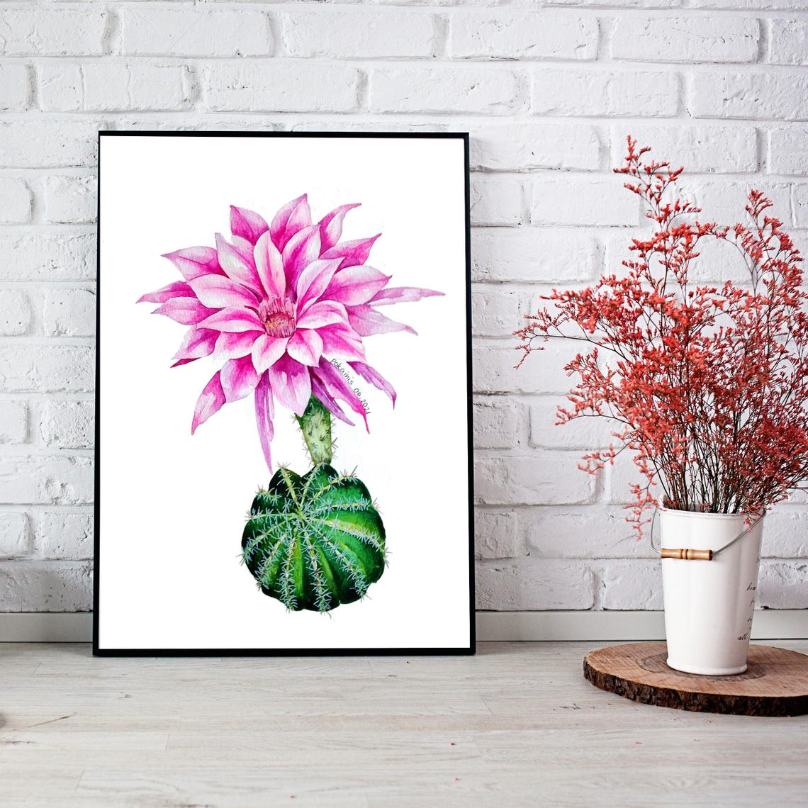 Flowering Cactus Pink Bloom Watercolor Botanical Plant Art Poster - Image 2