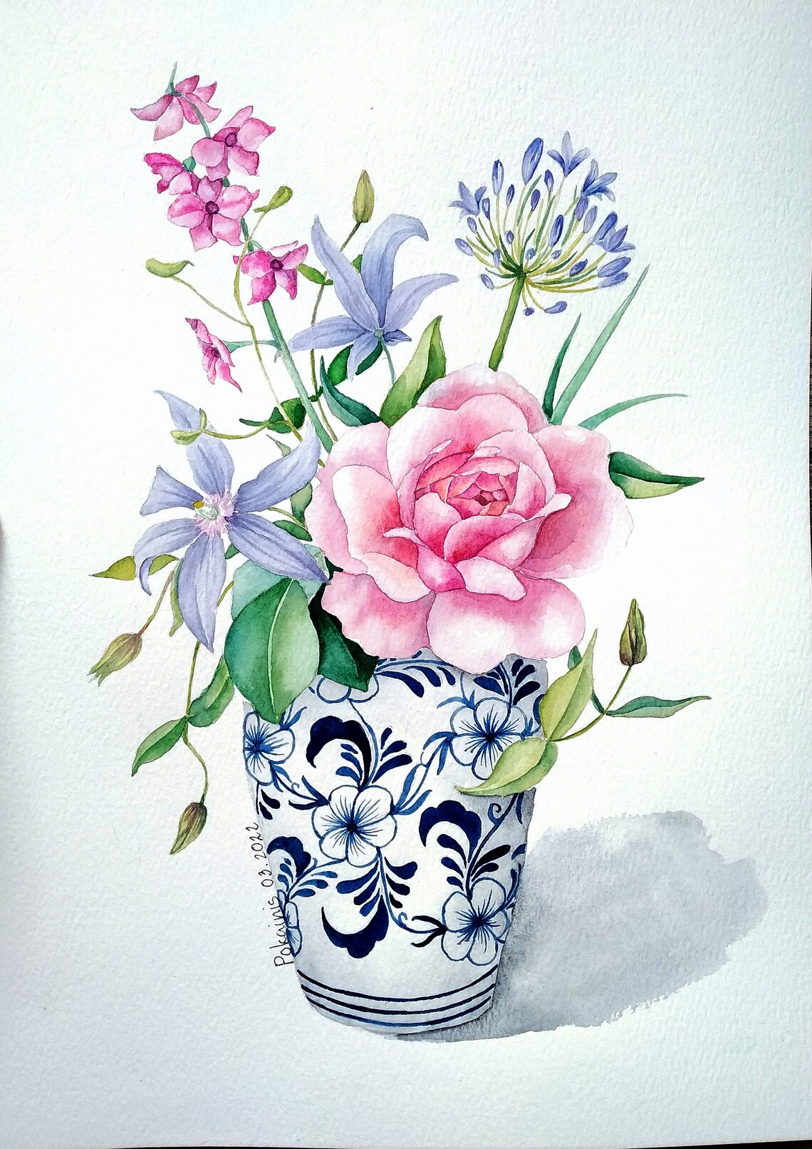 Watercolor Pink Rose Bouquet Poster In Blue Chinoiserie Vase
