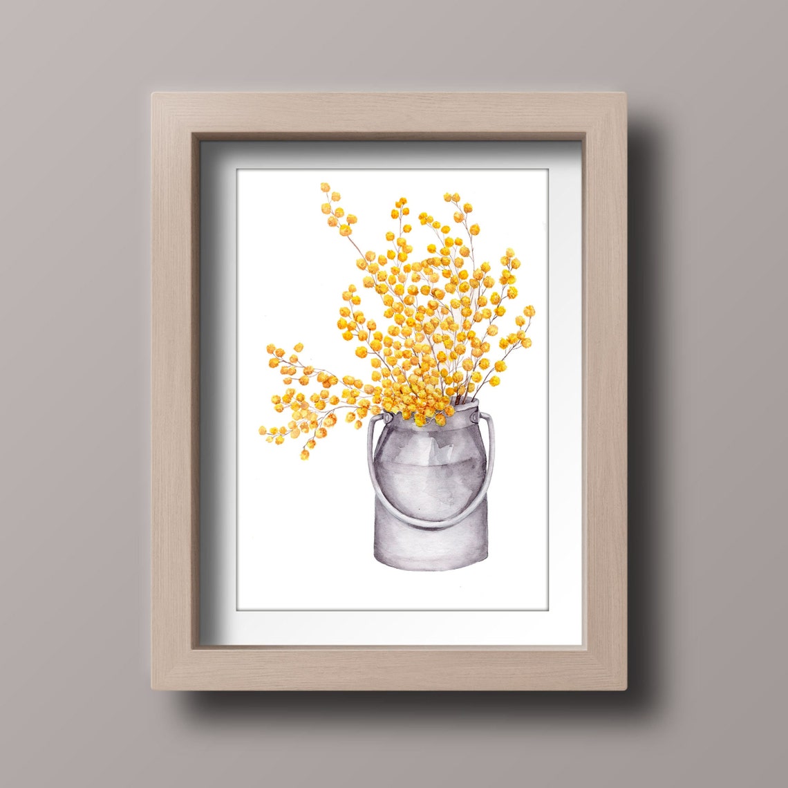 Mimosa Blossoms Overflowing Grey Milk Can Watercolor Floral Poster - Image 5