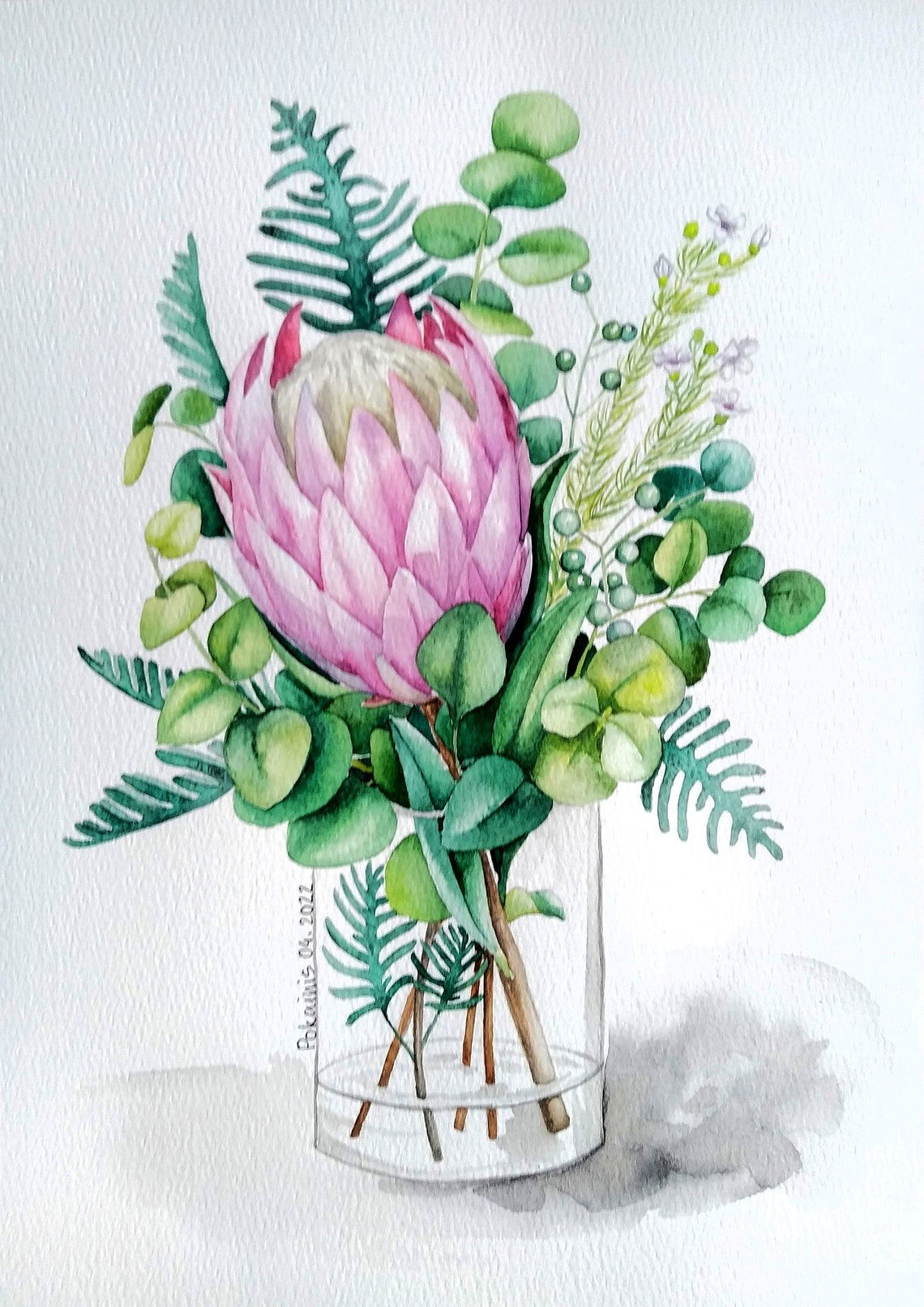 Pink King Protea Watercolor Poster In Glass Vase With Greenery