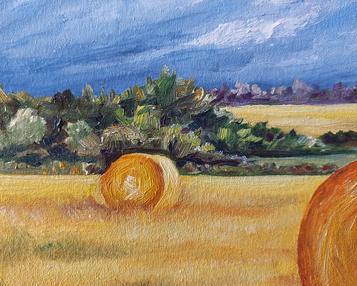 Hay Bales Landscape Oil Painting Art Print, Farmhouse - Image 2