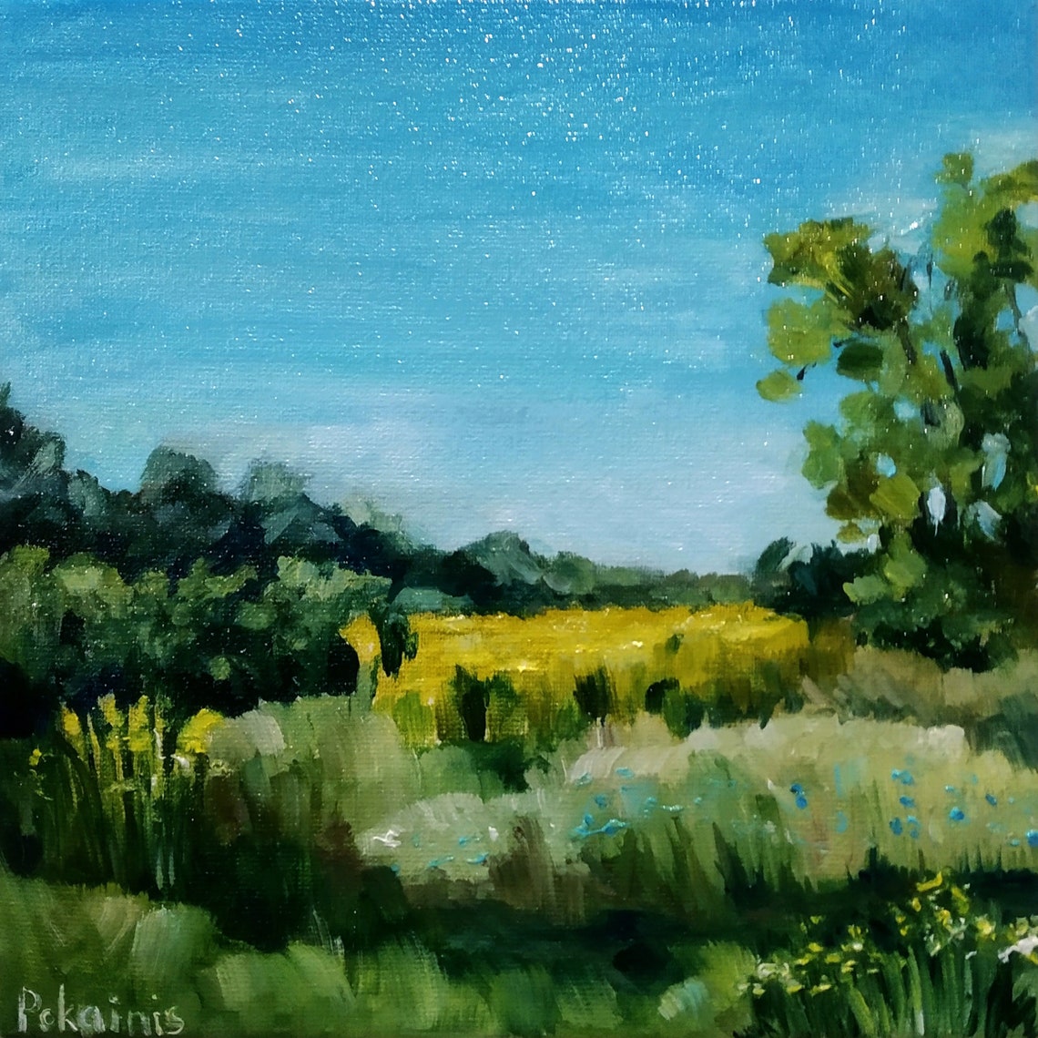 Original Landscape Oil Painting Small Oil Artwork 8x8 Format Wall Art Meadow Countryside Painting Tree Fine Art Kitchen Original Art