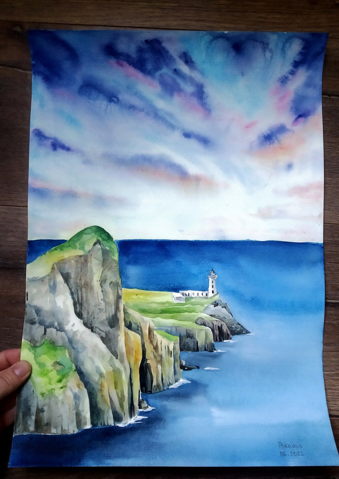 Seascape Original Watercolor Painting Landscape Wall Art Ocean Painting Lighthouse Fine Art Serene Wall Art Nature Art Coastal Artwork - Image 2